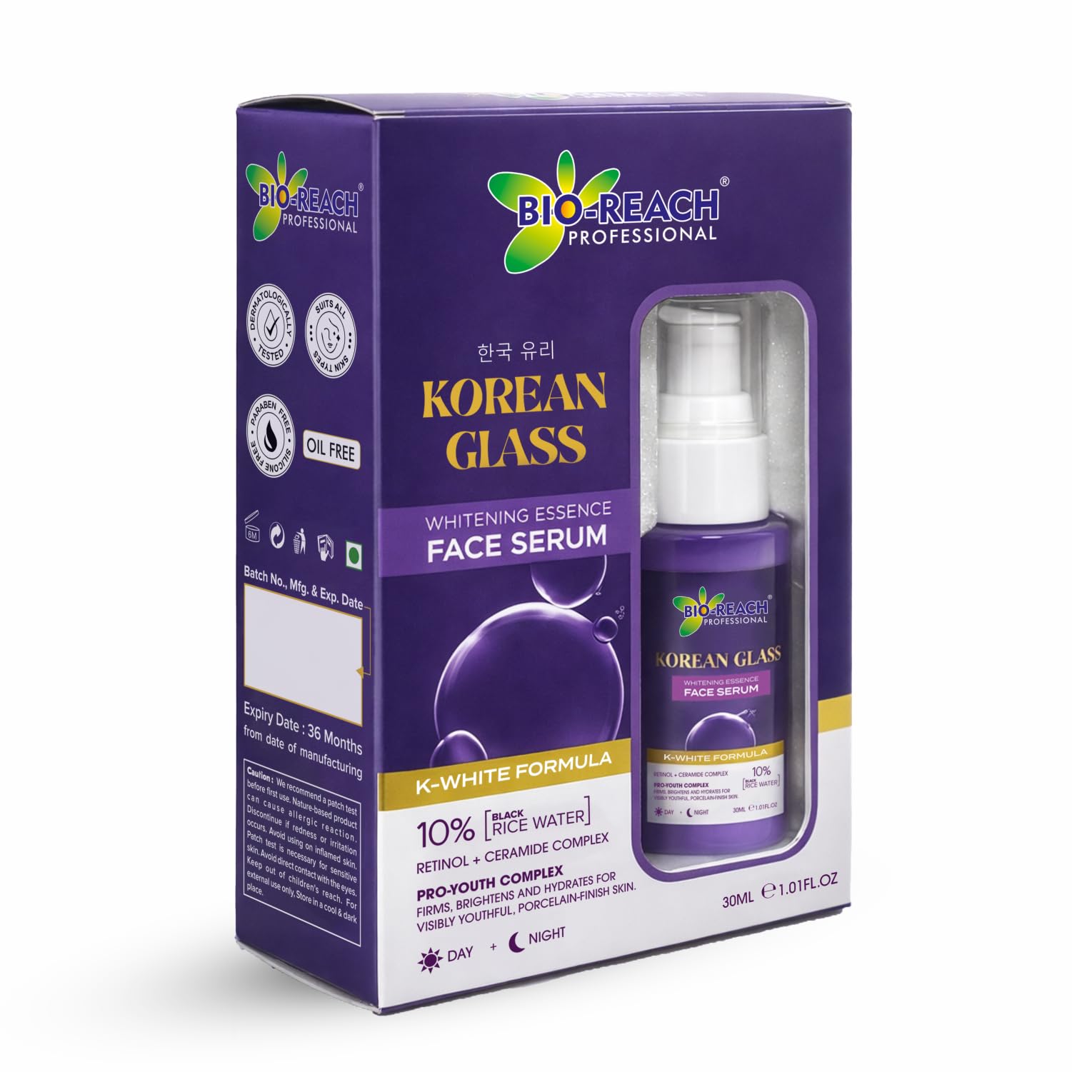 Bio-Reach Korean Glass Whitening Essence Face Serum, Retinol + Ceramide Complex, 10% Black Rice Water, Oil Free, 30ml