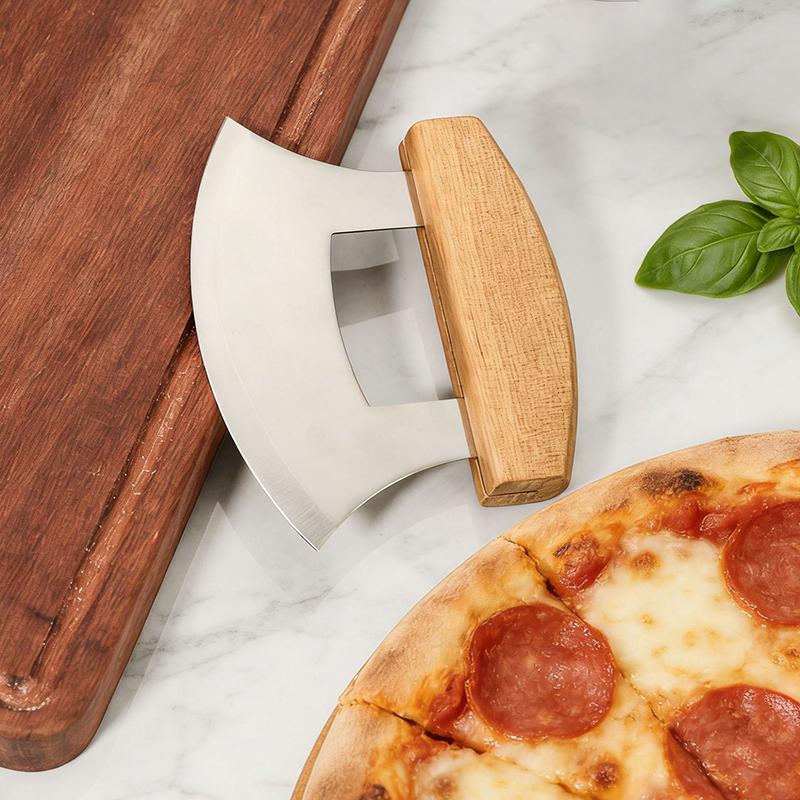 Wooden Handle Pizza Cutter Stainless Steel Pizza Slicing Food Chopper Herb Cheese Knife Cutter Ring for Precise Baking Tools