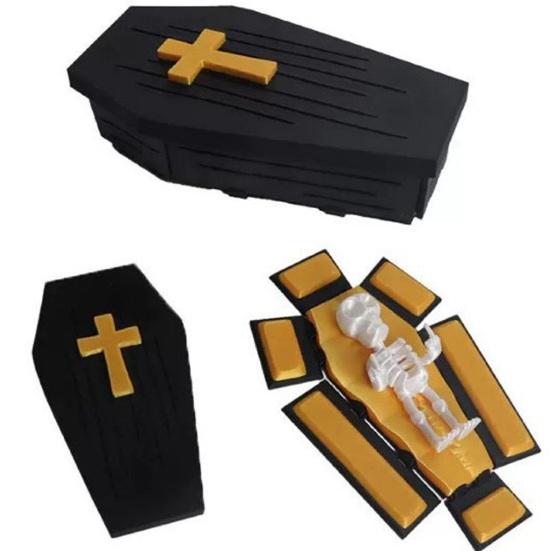 Folding Coffins Figurine 3D Printed with Skeleton Ornament, Miniature Articulated Statue, Gothic Window Decor Dark Desktop Decoration for Halloween