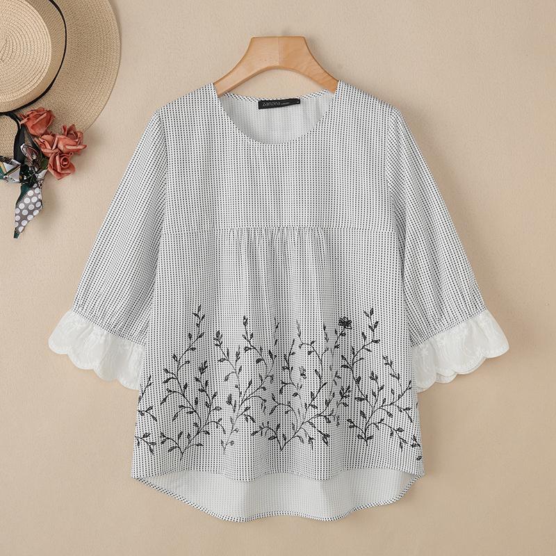 ZANZEA Lässige Bluse mit Rundhalsausschnitt und 3/4-Ärmeln und lockerem Print für Damen