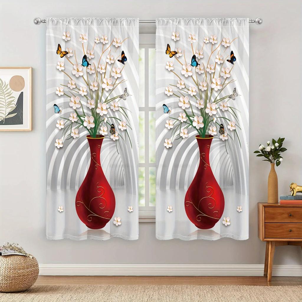 Vase Butterfly Flower Printed High Shading Curtain Rod Pocket Window Treatment for Bedroom Office Kitchen Living Room Decor