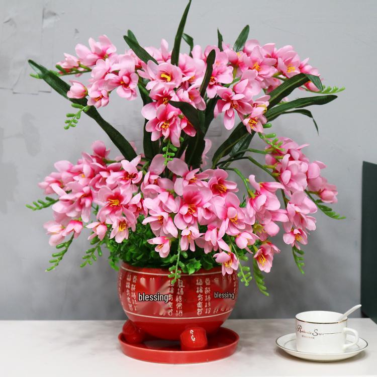 Phalaenopsis Silk Flower Arrangement in Red Ceramic Pot for Indoor Decoration or Weddings