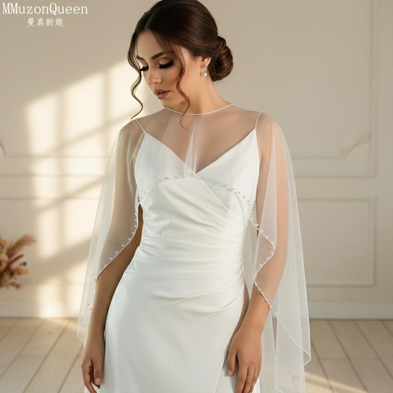 Beaded Edge Tulle Cape Train Shawl Front Short Back Long Sheer Bridal Wrap White & Black For Strapless Wedding Gown Evening Party Photoshoot