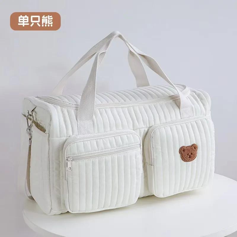 

Baby Diaper Bag Cute Bear Flower Embroidery Pattern Mommy Bag Baby Beige Cotton Fabric Zipper Diaper Handbag Latest Luggage Bag