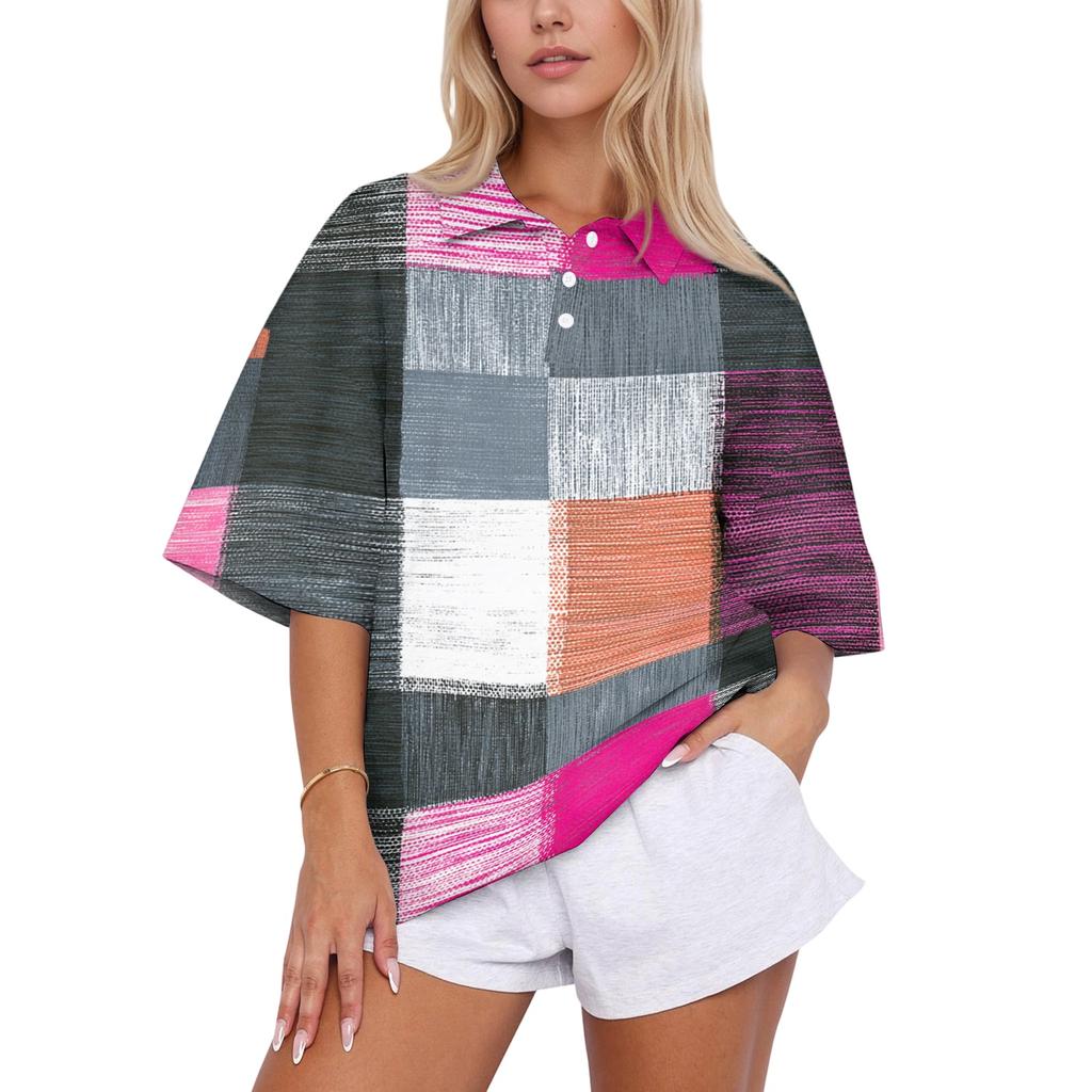 Women's Casual Polo Collar Loose Fit Shirt Short Sleeve Button Down Plaid Pattern Lightweight Top for Everyday Wear