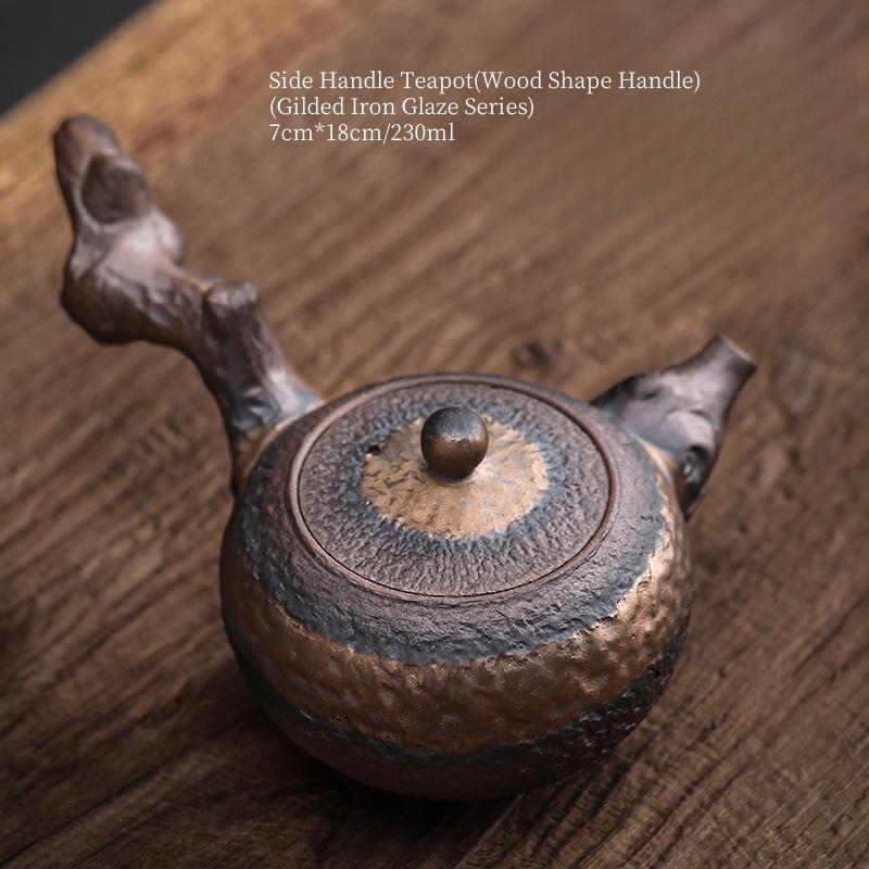 230ml Retro Ceramic Side Handle Teapot Wood Shape Handle Rough Pottery Gilded Iron Glaze Teapot Tea Maker High-end Kungfu Teapot