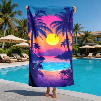 Tropical Bay Sunset Theme Polyester Microfiber Beach Towel Is Highly Absorbent, Suitable for Swimming and Beach Outings