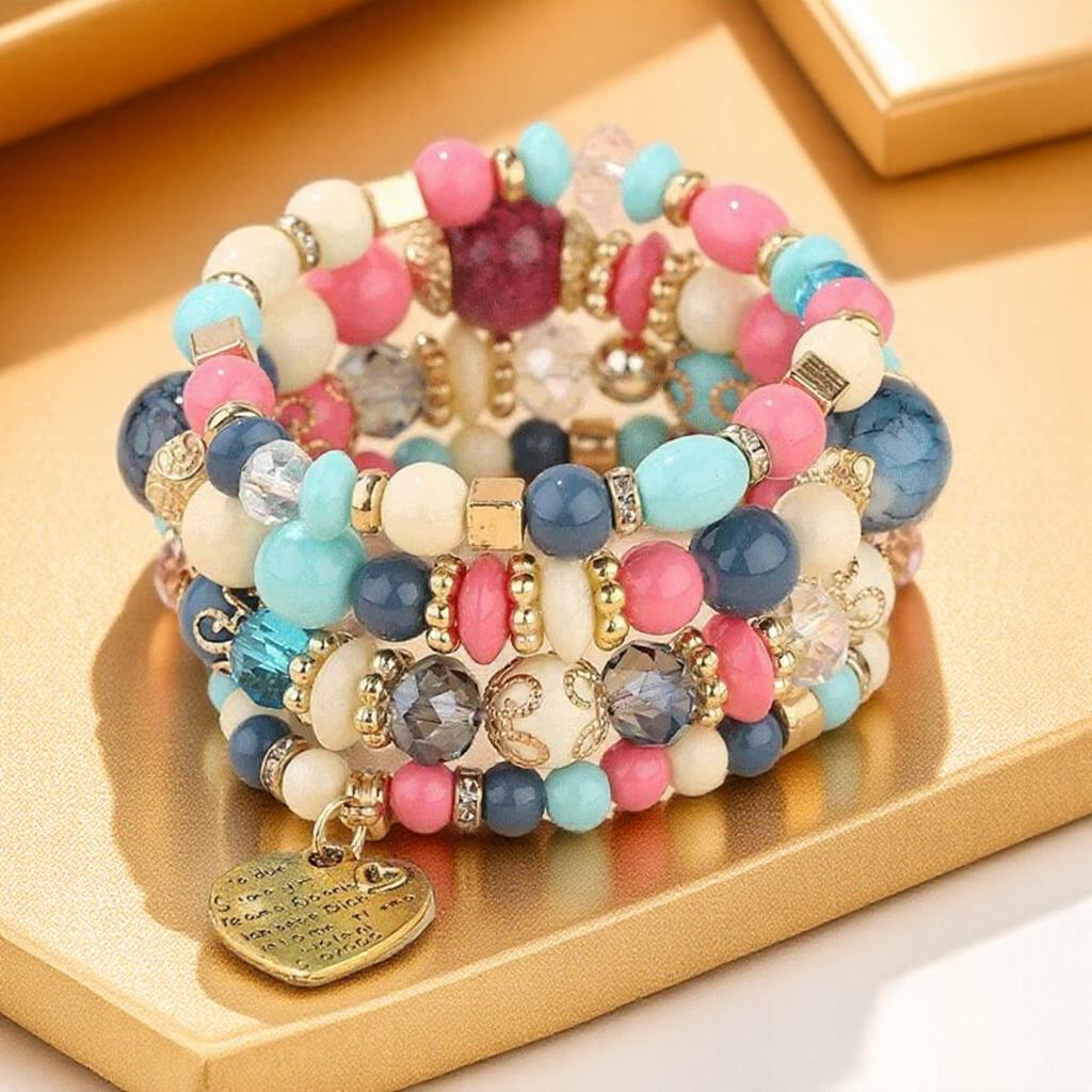 Boho Crystal Bead Bracelets for Women Elastic Heart Letter Bangles Wristband Yoga Jewelry Gift Set 4Pcs