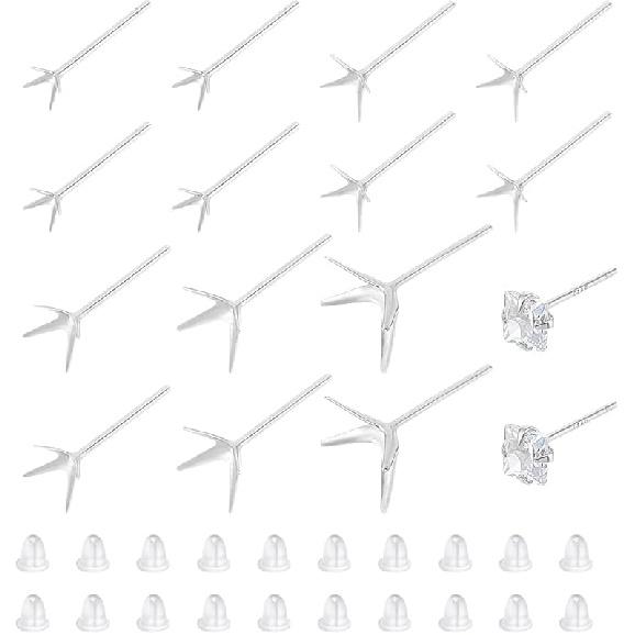 UNICRAFTALE 10Pcs 925 Sterling Silver Prong Earring Settings 5 Sizes Golden Stud Earring Findings Metal Claw Earring Posts Beads Rhinestone Component