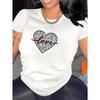 European Size Womens White Short Sleeve T-Shirt | Casual Crew Neck Love Heart Leopard Print Graphic Tee, Daily Wear Summer Fashion Top