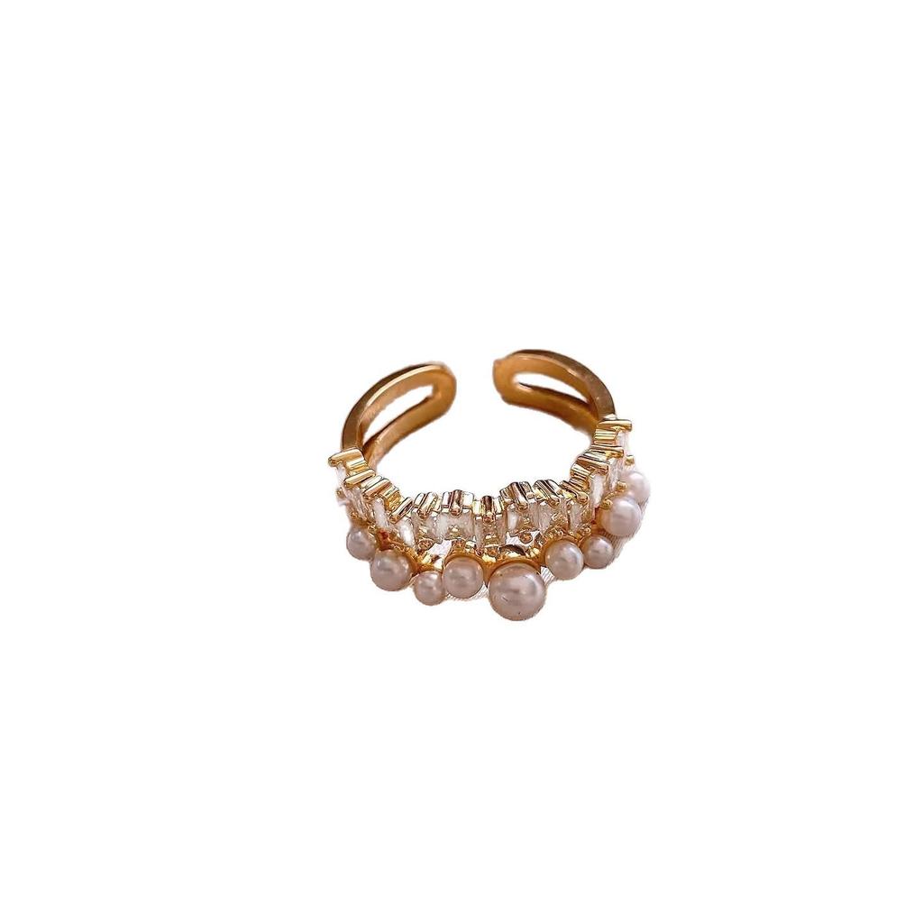 Exquisite French Zircon Pearl Double Layer Geometric Open Ring for Women - Luxurious and Unique Design