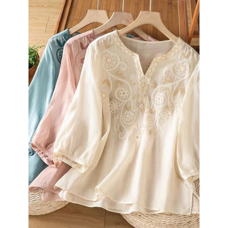 Vintage Embroidered Lace Collar Loose Fit Summer Blouse