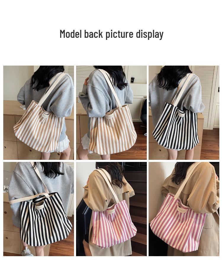 Retro Striped Canvas Tote: Fashionable Large-Capacity Single Shoulder Shopping Bag for Women