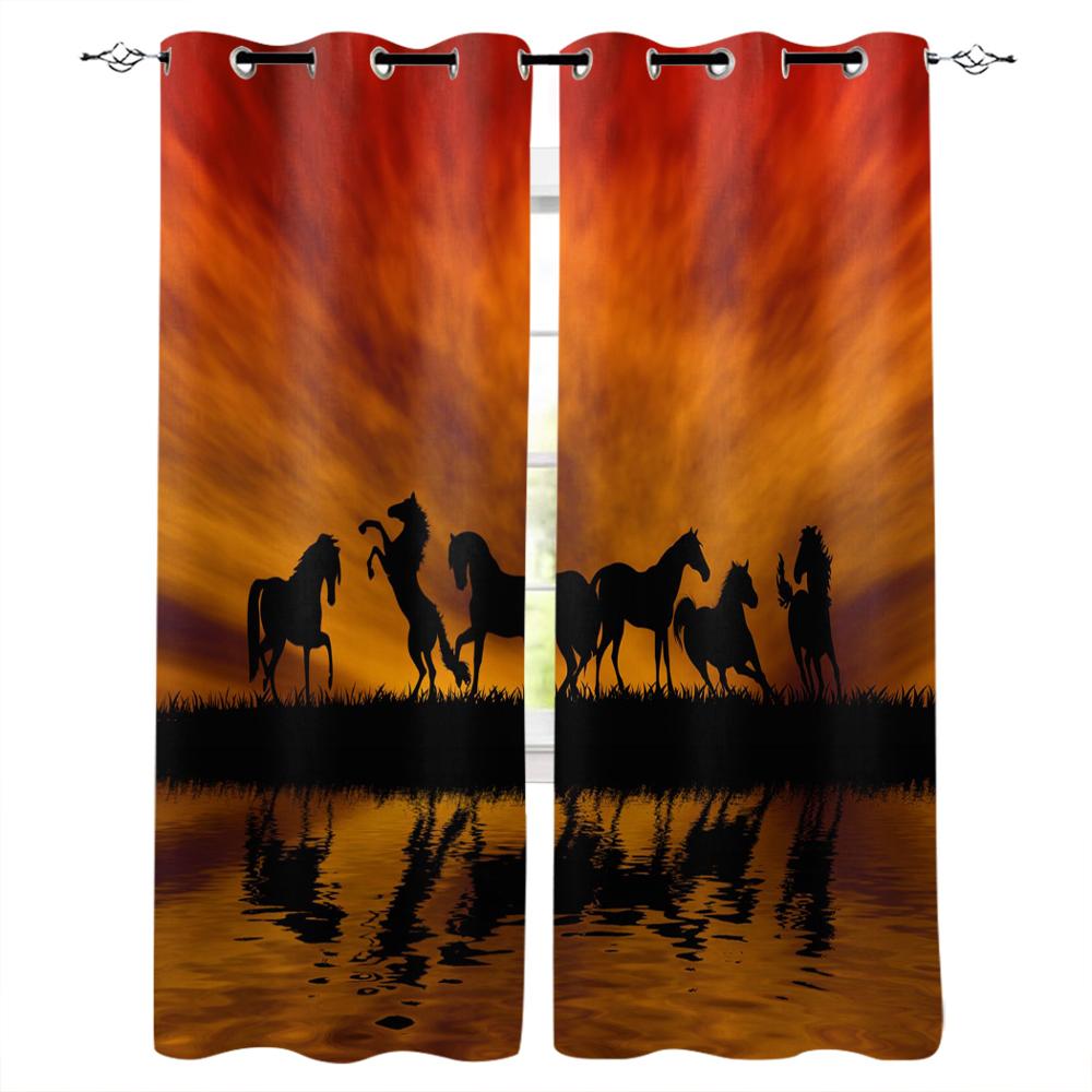 Лошади закат озеро пейзаж оконные шторы спальня кухня декор шторная панель оконные шторы — фото 7