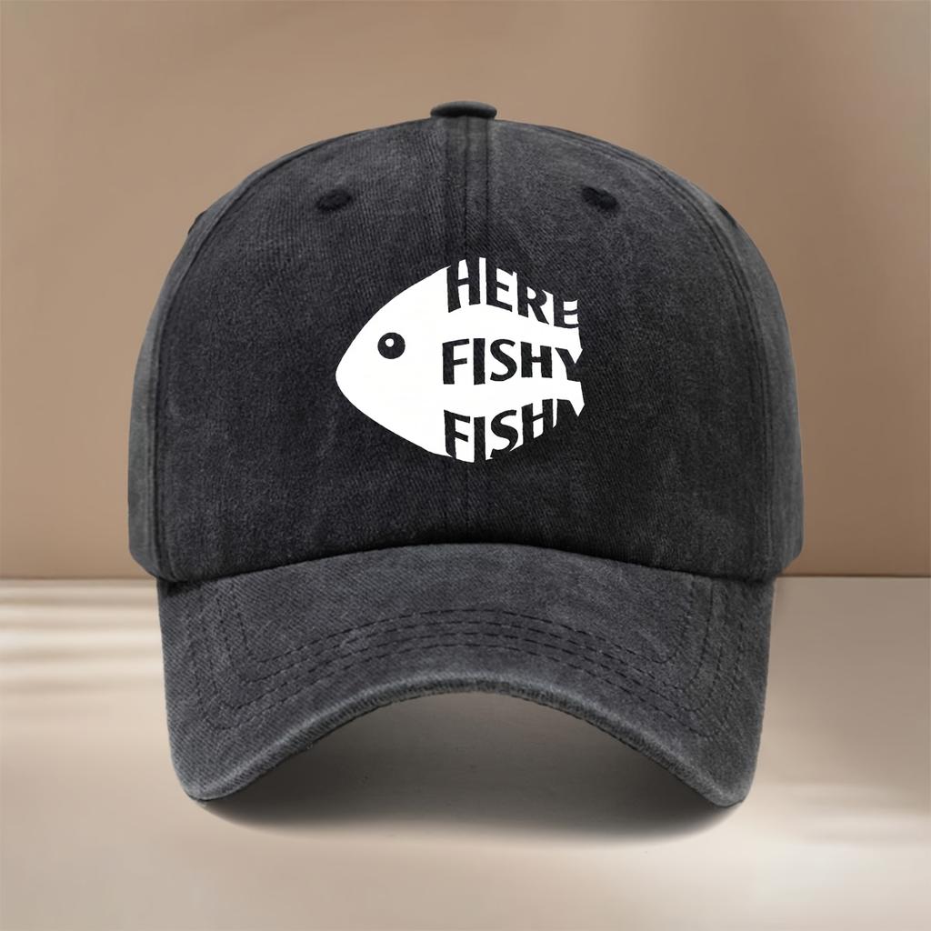 White Fish FISH Text Pattern Baseball Cap Casual HipHop Unisex Curved Brim Hat Comfortable Lightweight Visor with Textured Fe