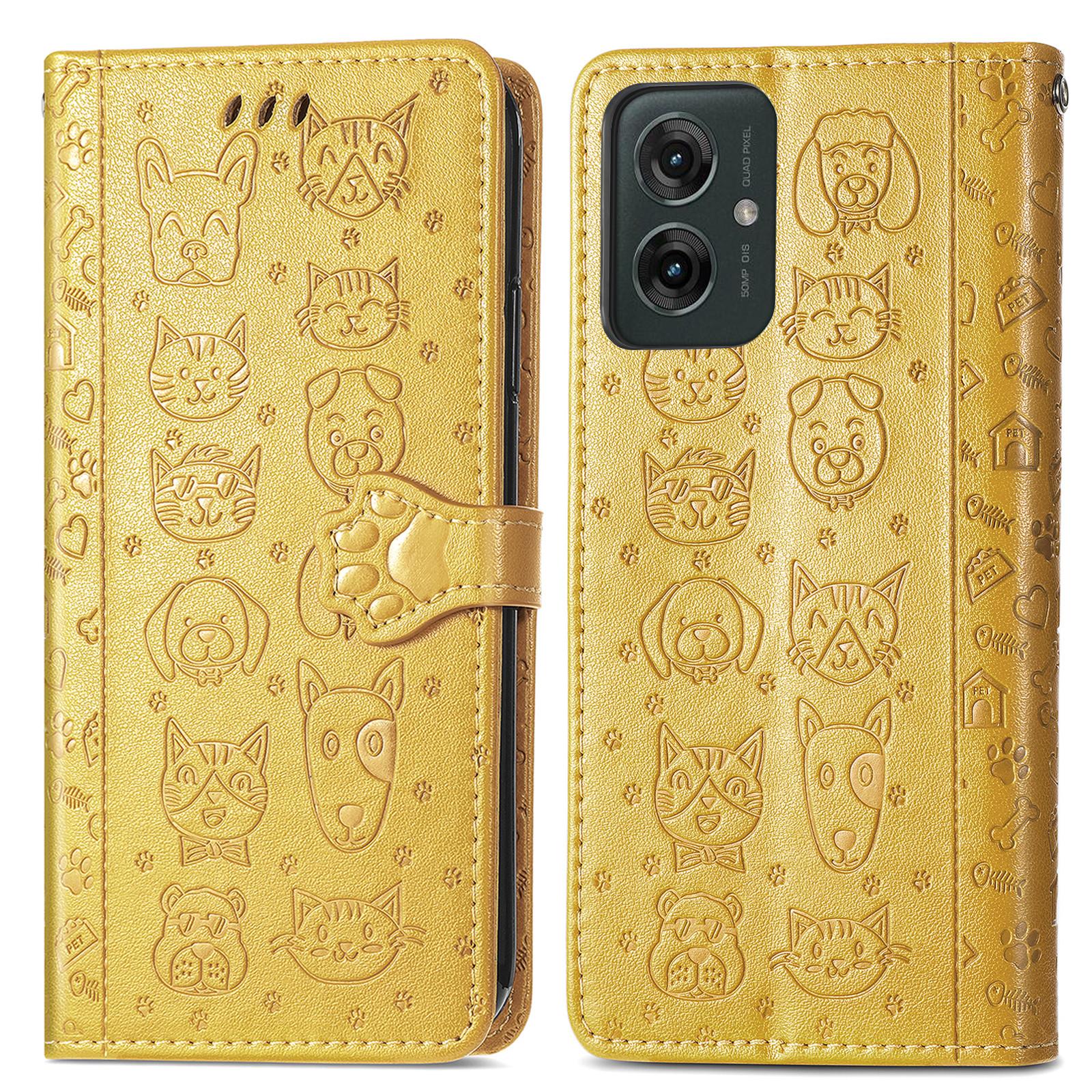 

For Motorola Moto G55 5G Case Leather Wallet Flip Phone Cover Cute Cat Dog Pattern Yellow