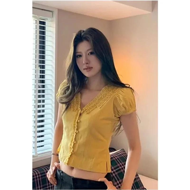 Summer Women V Neck Puff Sleeve Button Down Yellow Blouse S жёлтый