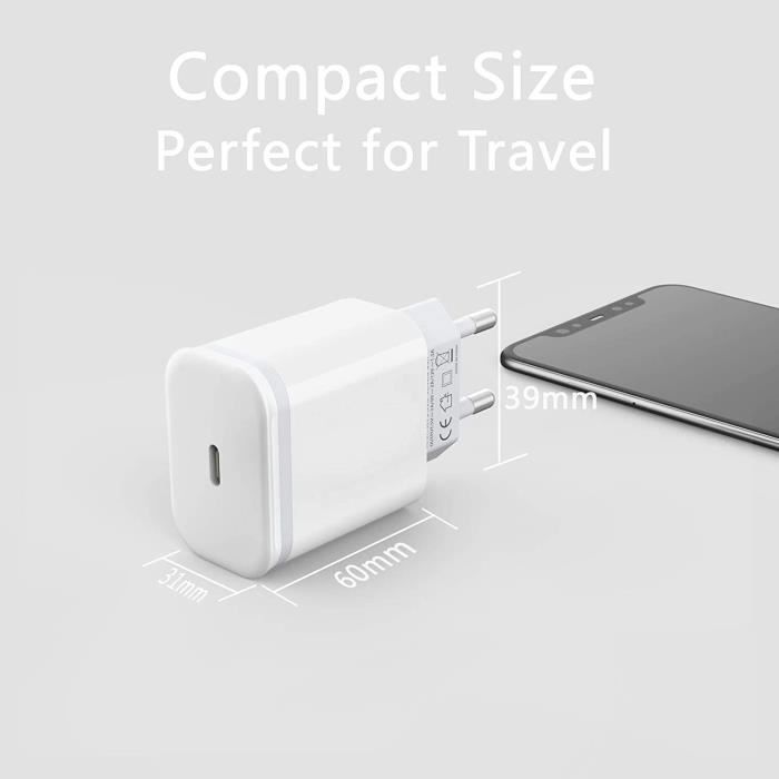 Chargeur Rapide 20W - Apple - iPhone 13 - USB C - PD 3.0 - Protection Surchauffe