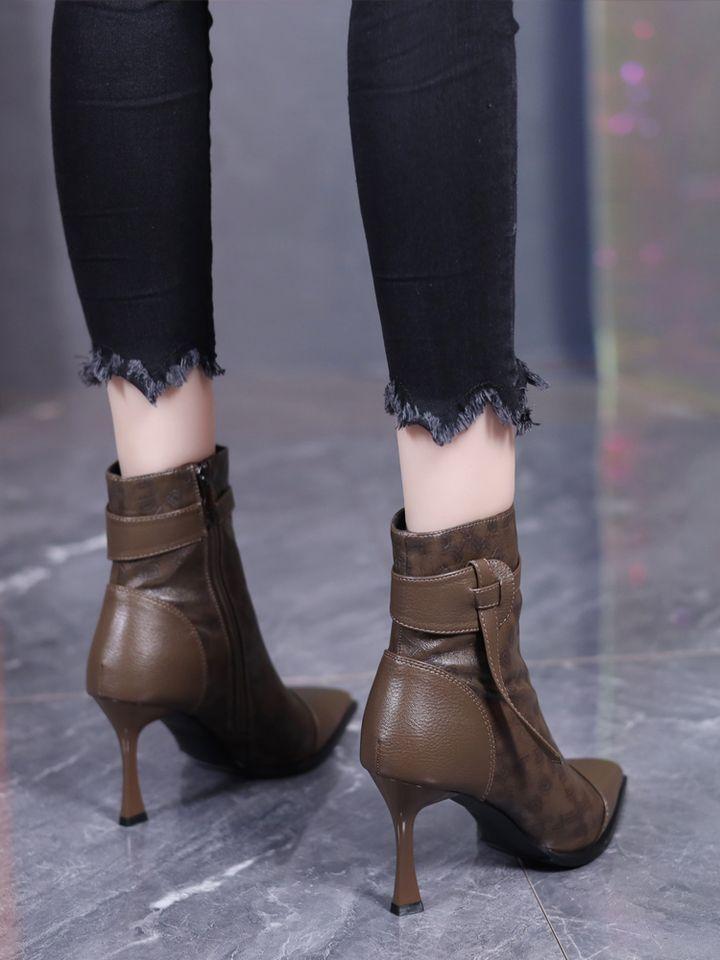 Khaki Pointed High-heeled Short Boots Women's Autumn and Winter 2025 New Design Belt Buckle Splicing Thin Heel Thin Boots