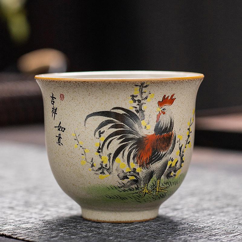 1 Pc Chinese Handmade Cock Ceramic Teacup Vintage Pottery Tea Cup Portable Tea Bowl Pu'er Master Cup Travel Tea Set Accessories