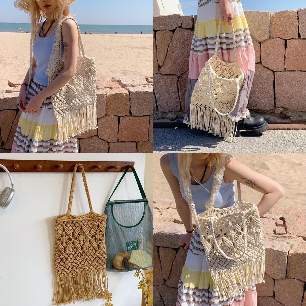 Böhmischer Stil Einfarbige Große Kapazität Damen Lässige Gewebte Tasche Mit Quasten Für Sommer Strandurlaub Damen