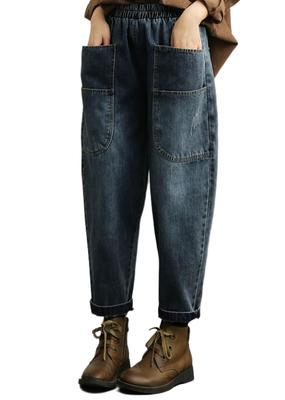 ZOEMAKE Denim Loose Gaucho Sarouel Mom Elastic Plus Sizes Women's Wide-Leg Pants, Fit, 9/10 Length, Slimming, Pants, Pants, Pants, Waist, Casual,