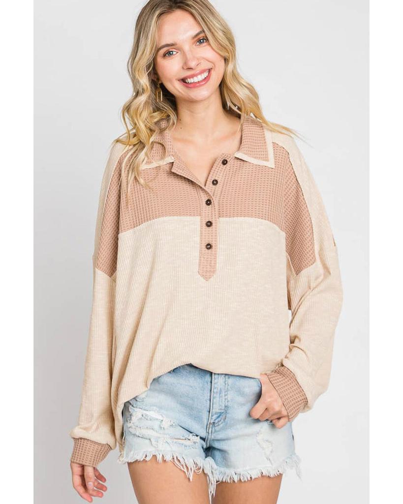 Azura Exchange Apricot Oversized Knit Top With Waffle Contrast