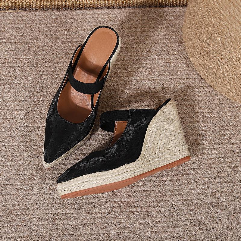 Pantofole da Casa alla Moda Scarpe con Plateau Punta Appuntita Tacchi da Donna a Zeppa Med Morbide Copertura Alta Cinturino con Fibbia Tessuto Elastico TPR Quadrato Sexy
