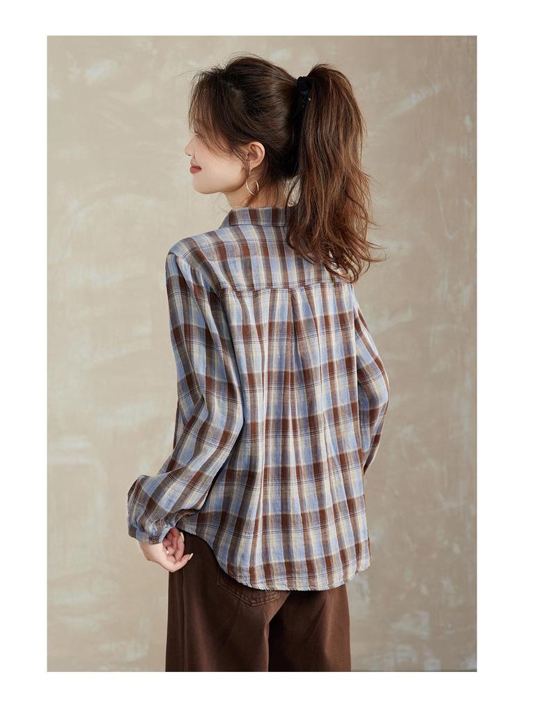 Women's Plaid Loose-Fit Cotton Long Sleeve Lapel Shirt - Spring & Autumn 2025