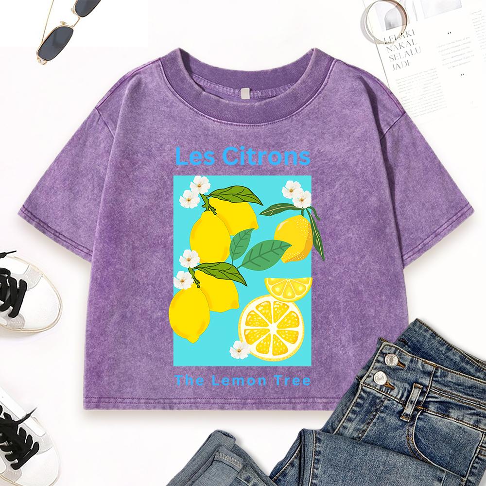The Lemon Tree Les Citrons Print Women Washed T-Shirt Street Cotton Top Vintage Clothes Summer O-Neck Short Sleeve