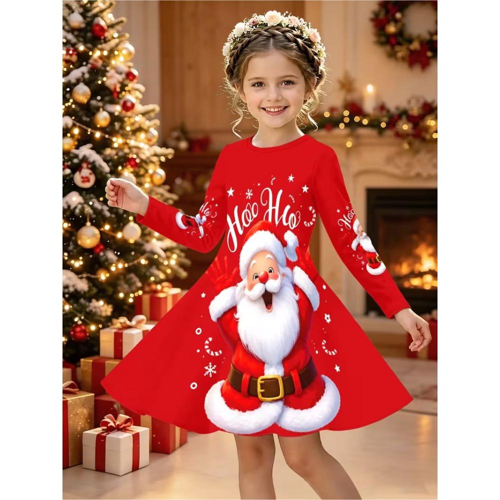 Girls' 3D Santa Claus Dress Long Sleeve Summer Spring Vacation Daily Holiday Princess Beautiful Sweet Kids 4-12 Years Casual Dress A Line Dress