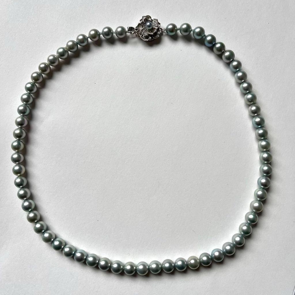Used Akoya Pearl Blue Necklace Blue Gray 6.5-7.0mm Genuine Pearl Silver Hardware Pearl Necklace with Certificate of Authenticity