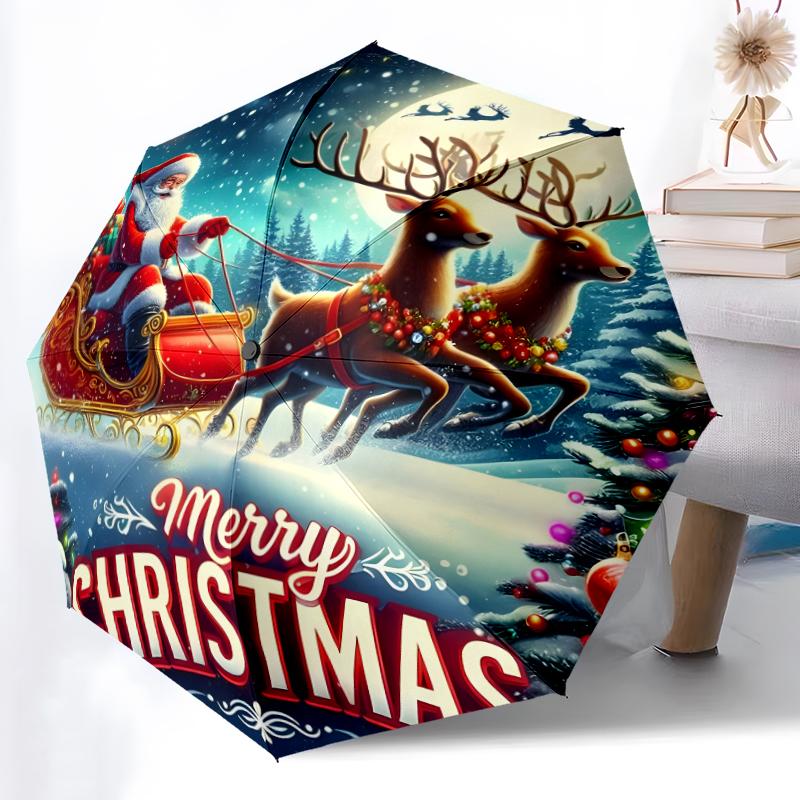 1pc Sturdy 8-Bone Auto Umbrella, Santa Claus and Reindeer Umbrella, Digital Printed, Foldable Umbrella for On-the-Go Outdoor Use
