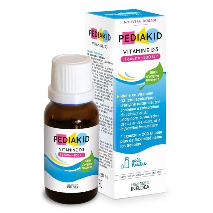 Pediakid Vitamine D3 Gouttes 200UI - Flacon Verre 20ml - Soutient Les Defenses Naturelles - Goût Neutre