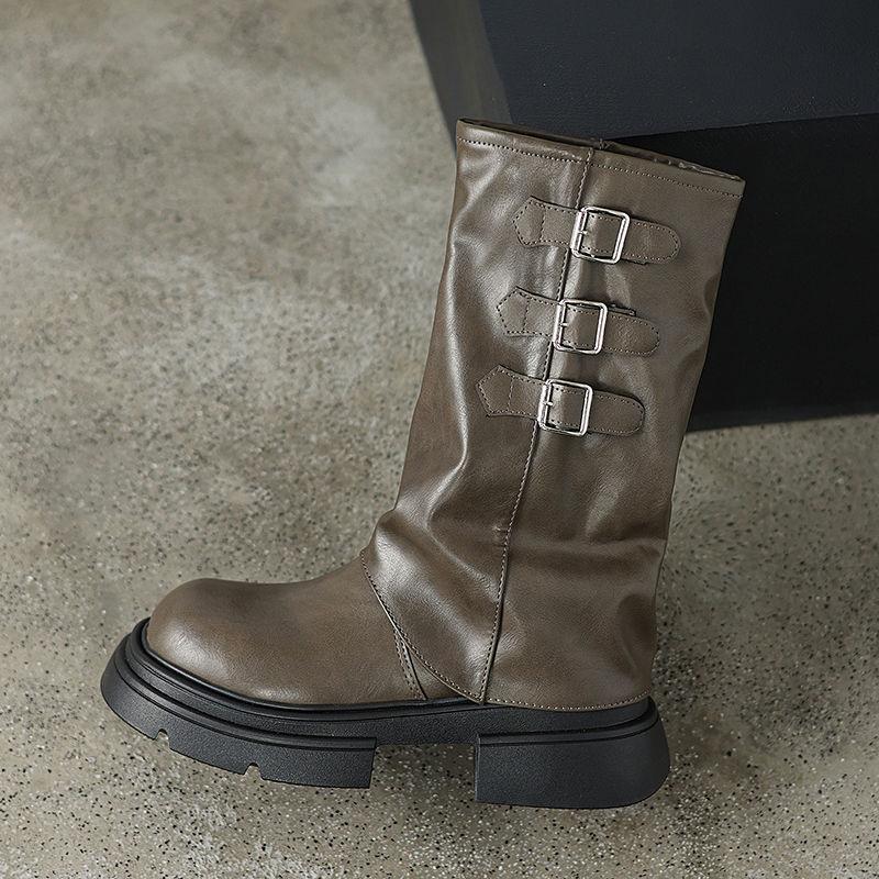 Thick-soled Retro Pants Long Tube Knight Boots Women's Shoes 2025 New Autumn and Winter Brown Pile Boots Medium Tube Long Boots