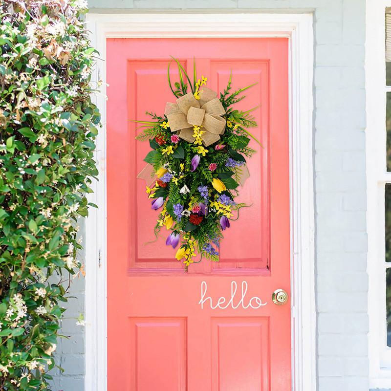 Charming Floral Spring Door Wreath With Elegant Hanging Design And Tulips Lavender