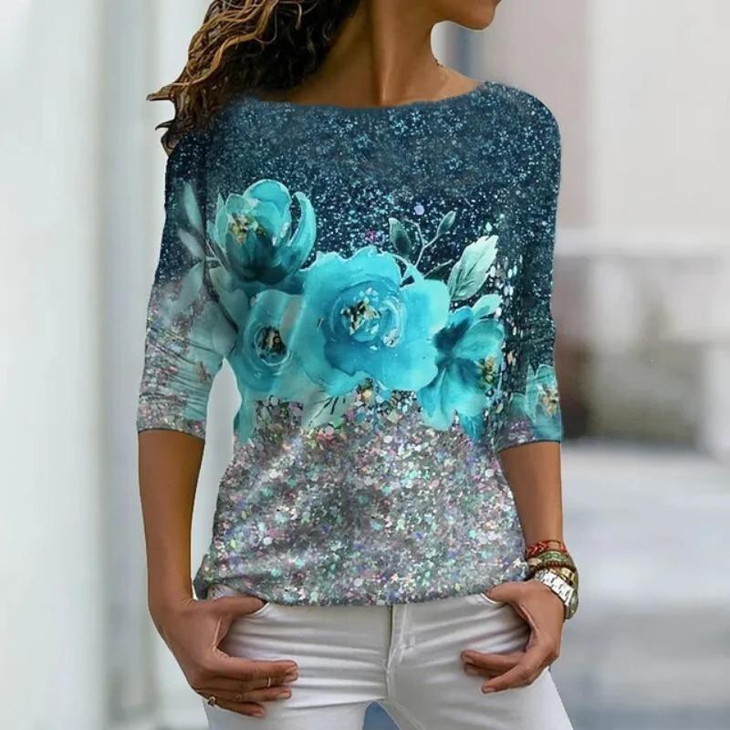 Autumn versatile long sleeved women's T-shirt with floral pattern printed regular retro casual O-Neck Bohemian multi-color top