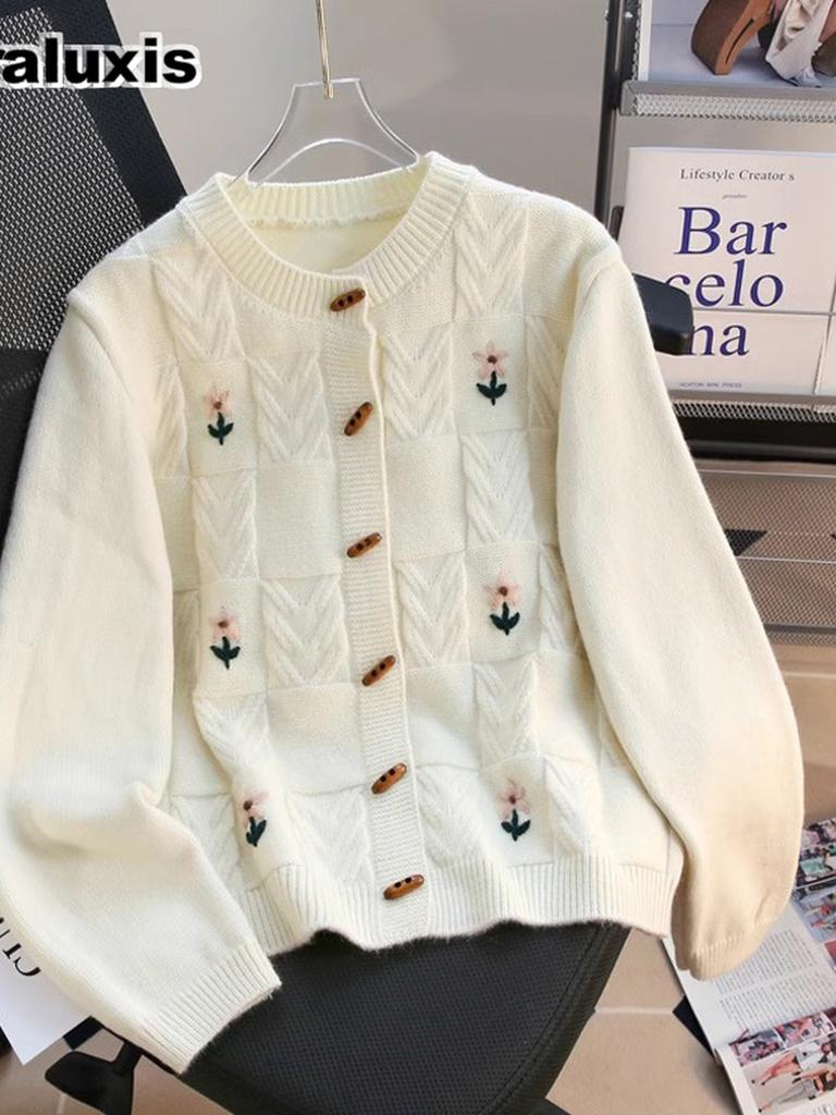 Vintage Handcrafted Embroidery Macrame Knit Sweater Coat Women Autumn New Style Loose Thick Lazy Style