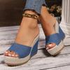 Blue Denim Wedge Sandals for Women Peep Toe Chunky Platform Slippers Woman 2025 Summer Comfort Thick Sole Beach Slides