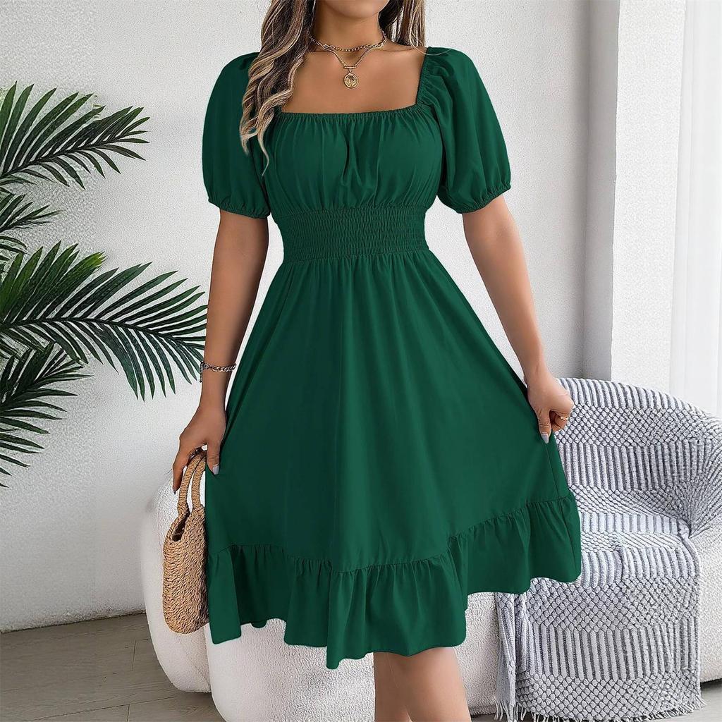Women's Fashionable Retro Color Square Collar Fungus Hem Waist A-line Long Skirt Short-sleeved Dress