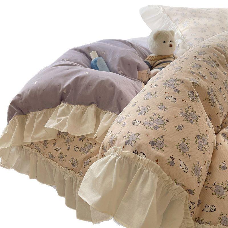 Cotton Floral Print Bedding Set Princess Style Lace Duvet Cover Sheet Pillowcase