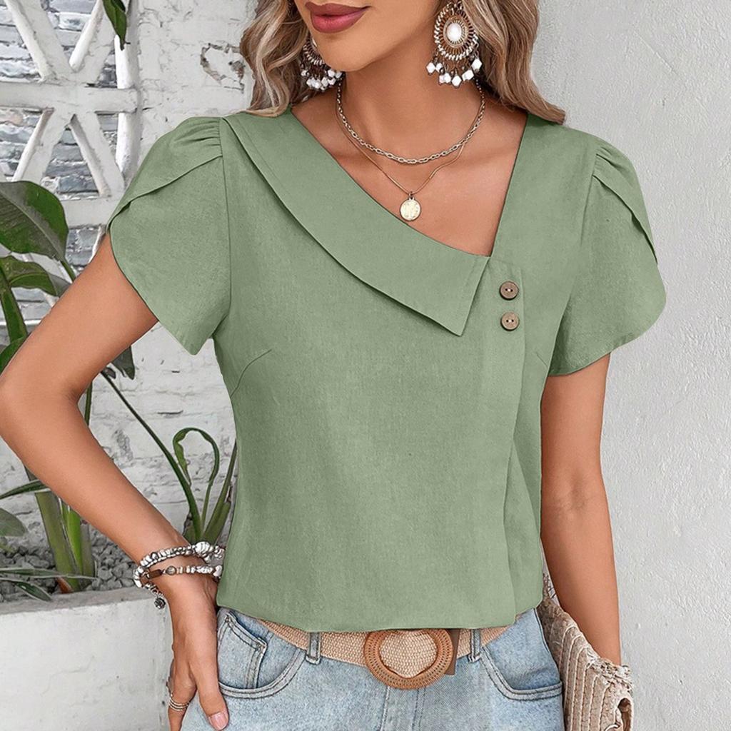 Women Spring Summer Cotton T Shirts Casual Asymmetrical Collar Short Sleeve Blusas Tops Solid Color Loose Fit Summer Tops 2025