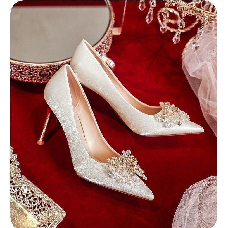 Temperament Chinese Xiuhe Bridal Wedding Shoes Thin Heel Thick Heel Toast High Heels High Heels Thick Heel Wedding Dress Single Shoes