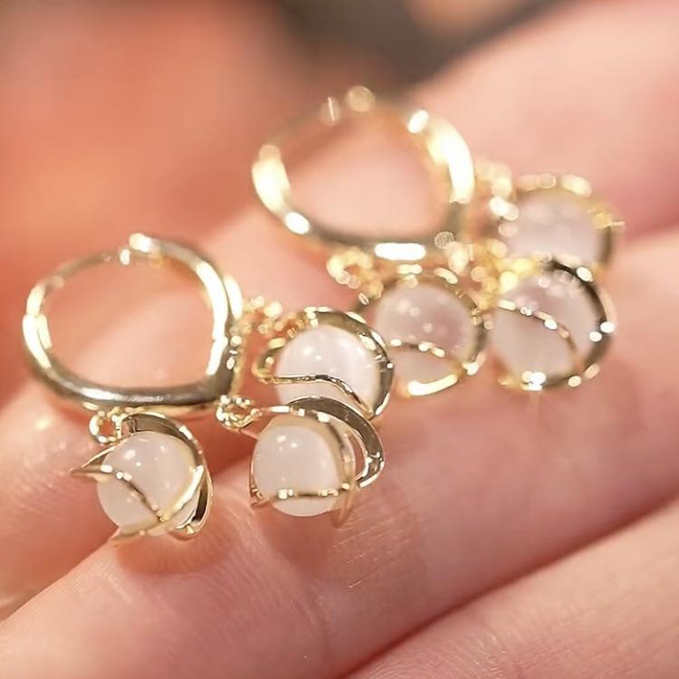 Lily Flower Cat s Eye Stone Stud Earrings - Retro Versatile Style Electroplated