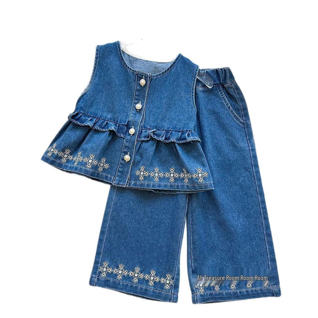 Girls' Soft Denim Vest & Wide-Leg Pants Set with Floral Embroidery - Summer Style Two-Piece Outfit