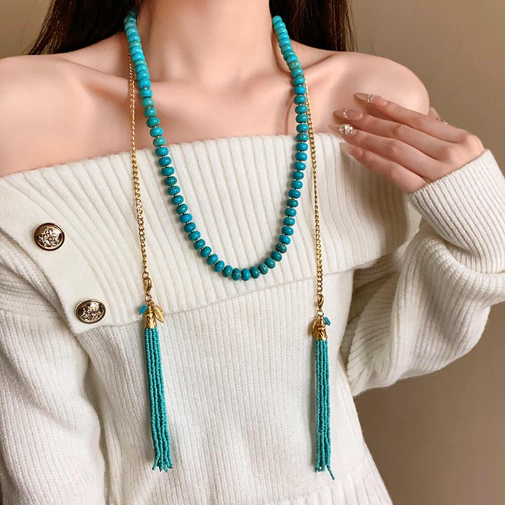 Rice Beads Bohemian Waist Chain Tassel Pendant Sweater Chain Long Turquoise Necklace  Friends Gift