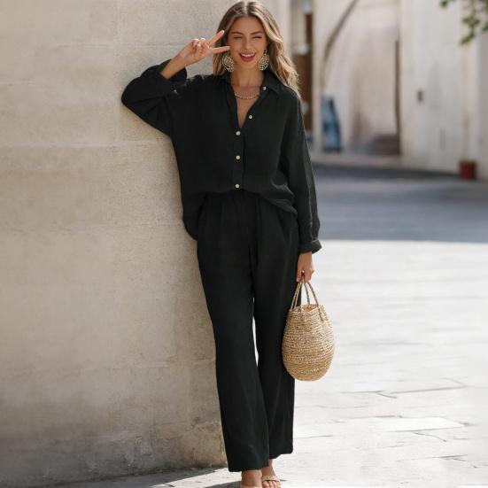 Damen Casual Zweiteiler Outfit Langarm Button-Down T-Shirt und Weitbein Hose Set Herbst Frühling Lounge Set