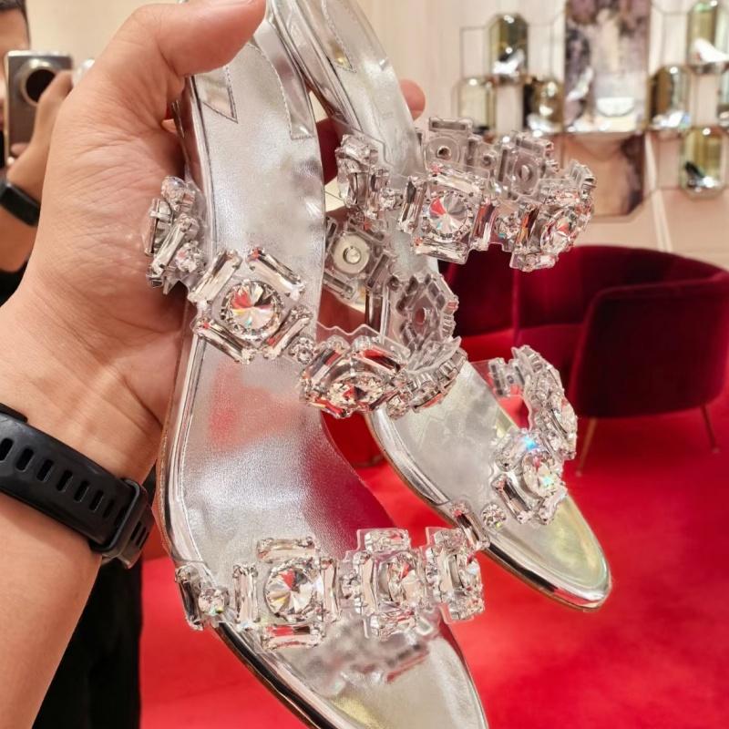 Diamond-Studded Rhinestone High Heel Slippers Sexy French Style One-Strap Open-Toe Sandals Outdoor Wear Silver Women Shoes