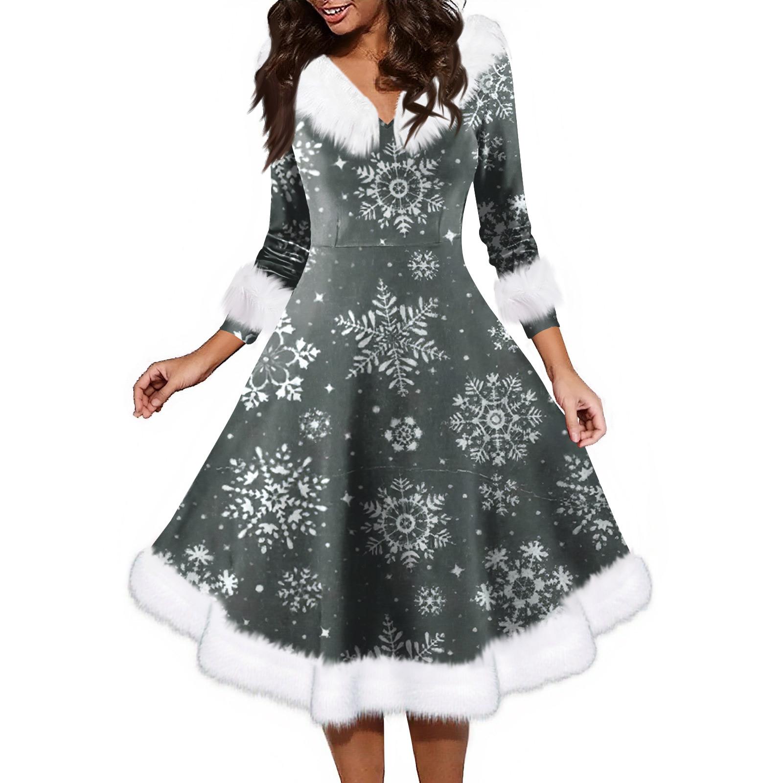 

Женское модное повседневное платье с v-образным вырезом и рождественским принтом для вечеринки с длинными рукавами S белый