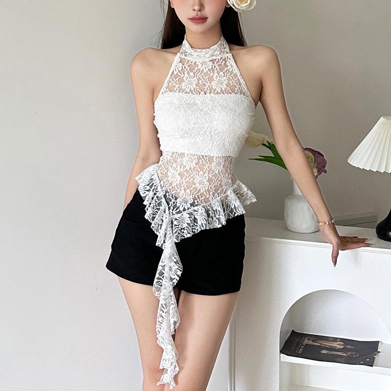 European and American style summer new women's clothing pure desire round neck hanging neck hollow backless irregular edge small vest